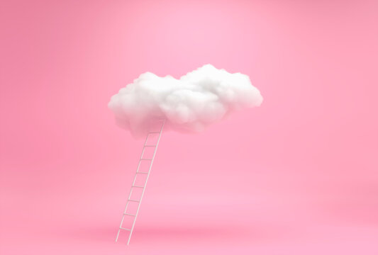 Stairway to sky, to clouds - 3d render illustration. Pink dreams, flying in fairy world. Steps in career ladder, way up to ideas. Find a solution - creative concept 