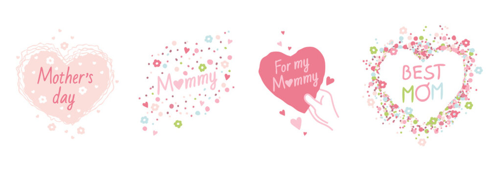 Vector image, set of illustrations.Stickers with lettering, hearts and flowers. Mother's Day.