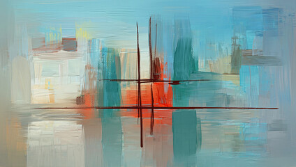 Abstract acrylic painting. Surreal colorful landscape artwork in contemporary style with reflections. Modern art on sky blue background. 