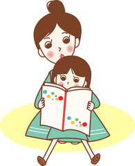 絵本の読み聞かせをする親子。