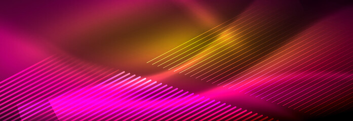 Neon glowing lines, magic energy and light motion background. Vector wallpaper template