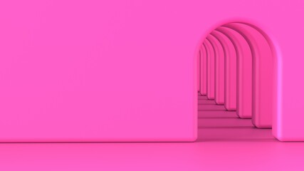 Pink arch hallway corridor abstract background minimal conceptual 3D rendering. 3Dillustration. 3D CG.