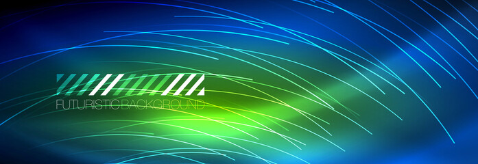 Neon glowing lines, magic energy and light motion background. Vector wallpaper template