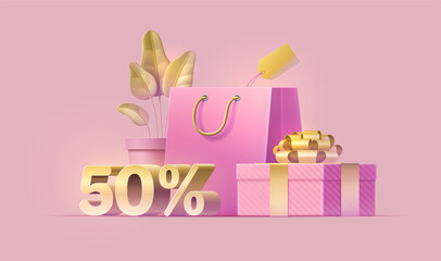 Womens day sale banner with fifty percent discount offer for online shopping, promotion, magazine, website, mobile app. Plant, package, price tag, gift box, gold ribbon on isolated pink background