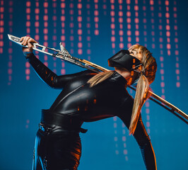 Graceful woman with glowing sword on her shoulder