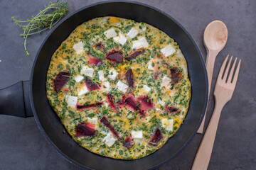 Spring food; healthy frittata with beetroot and cheese