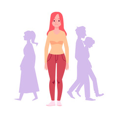 Sad woman standing alone in crowd of people, flat vector illustration isolated.