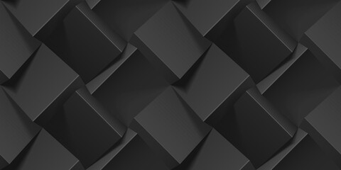Dark abstract seamless geometric pattern. Realistic 3d cubes from black paper. template for wallpapers, textile, fabric, wrapping paper, backgrounds. Texture with volume extrude effect.