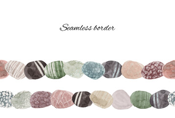 Hand-drawn, watercolor seamless border of different sea stones arranged in two lines. A simple marine themed illustration. Art design for bathroom, tile, shower curtain, print, cover, wrapping
