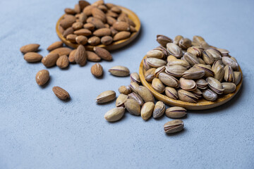 Healthy nuts, snack.Pistachio, almond close up.