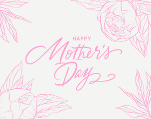 Happy Mother’s Day greeting card. Delicate pink floral background. Gentle peony flowers.