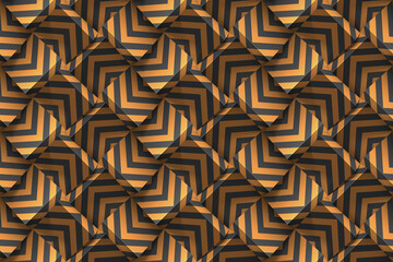 Abstract seamless geometric pattern. Realistic 3d cubes from black paper with bronze strips. template for wallpapers, textile, fabric, wrapping paper, backgrounds. Texture with volume effect.