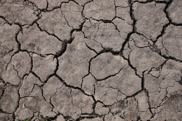 The texture of the dry ground is a view from above. The land that has cracked from the drought.