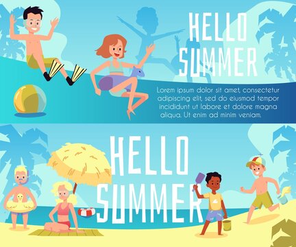 Set banners with children on summer beach vacation, flat vector illustration.