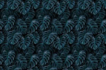 tropical illustration with green leaves monstera on dark background. Realistic seamless pattern for textile, hawaiian style, wallpaper, sites, card, fabric, web design. Exotic botanical texture © VDNKL