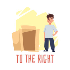 Preposition place to the right with boy who use carton box demonstrating it