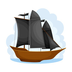 Pirate Ship with Black Sails and Square Rigged Mast Navigating Upon Water Vector Illustration