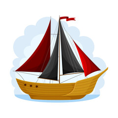 Pirate Sailing Ship with Square Rigged Masts Navigating Upon Water Vector Illustration
