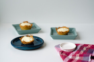 Raspberry with pudding on a bed of kadayif