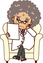 ソファーに座ってカルテを見ながら考える博士（医者）