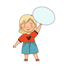 Blond Girl Standing and Holding Empty Oval Plaque Vector Illustration