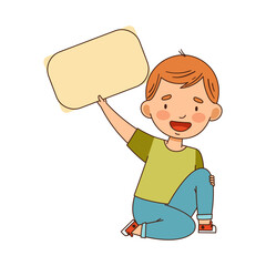 Little Boy Sitting and Holding Empty Rectangular Plaque Vector Illustration