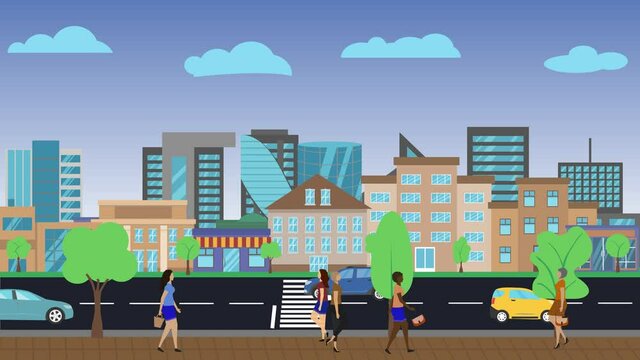 Panoramic view of city background animation, cars rides on the road around, people walking on the street, flat design