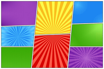 Pop art background. Halftone comic pattern. Cartoon starburst effect. Set sunburst banners with dots and rays. Vintage duotone texture. Superhero banner. Gradient wow design. Vector illustration.