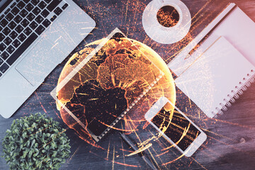 Double exposure of social network theme drawing over table with phone. Top view. People connecting concept.