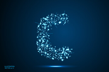 Abstract letters font is made up of triangles, lines, dots and connections. On a dark blue background, stars of the cosmic universe, meteorites, galaxies. Vector illustration eps 10.