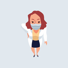 Top view on standing female professional doctor in medical facial mask looks up.