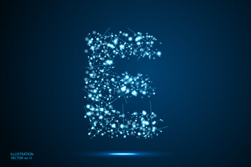 Abstract letters font is made up of triangles, lines, dots and connections. On a dark blue background, stars of the cosmic universe, meteorites, galaxies. Vector illustration eps 10.