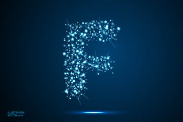Abstract letters font is made up of triangles, lines, dots and connections. On a dark blue background, stars of the cosmic universe, meteorites, galaxies. Vector illustration eps 10.