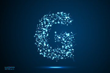 Abstract letters font is made up of triangles, lines, dots and connections. On a dark blue background, stars of the cosmic universe, meteorites, galaxies. Vector illustration eps 10.