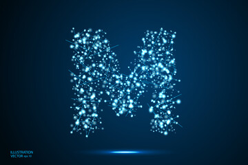 Abstract letters font is made up of triangles, lines, dots and connections. On a dark blue background, stars of the cosmic universe, meteorites, galaxies. Vector illustration eps 10.