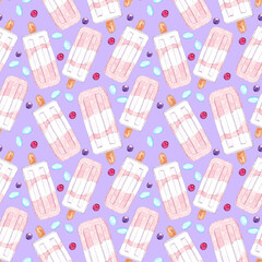 Hand drawn watercolor seamless summer pattern with Ice cream