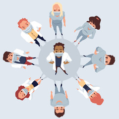Top view on doctors in medical masks looking up, flat vector illustration.