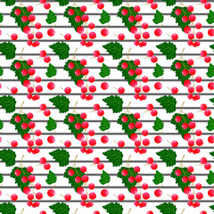 Pattern with currants. Summer illustration with berries. Red currant pattern. Vector illustration on a background of gray stripes. For design use on fabrics, packaging materials, prints, brochures