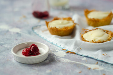 Raspberry with pudding on a bed of kadayif