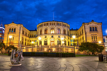 Fototapeta premium Historic building of Norwegian Parliament at dusk