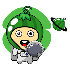 cartoon vector illustration of astronaut mascot costume character and watermelon planet