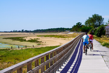 rear view of tourists on bicycles on the waterfront of the atlantic ocean beach in wooden pontoon on Jard-sur-Mer in vendee france - obrazy, fototapety, plakaty