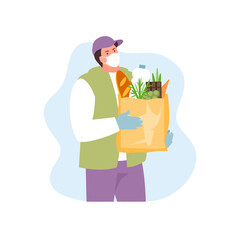 Courier in protective mask with products vector character. Food delivery vector illustration