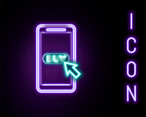 Glowing neon line Mobile phone and shopping cart icon isolated on black background. Online buying symbol. Supermarket basket symbol. Colorful outline concept. Vector