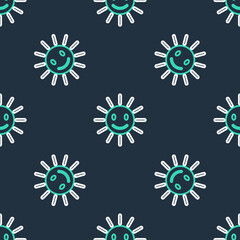 Line Cute sun with smile icon isolated seamless pattern on black background. Funny smiling sun. Happy sunny smile. Vector