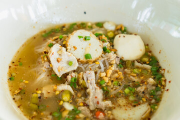 Noodles Spicy tom yum noodle with pork.Thai food.