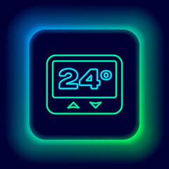 Glowing neon line Thermostat icon isolated on black background. Temperature control. Colorful outline concept. Vector