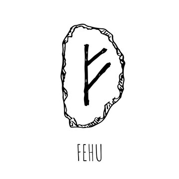 Fehu rune written on a stone. Vector illustration. Isolated on white.