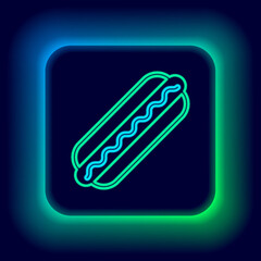 Glowing neon line Hotdog sandwich with mustard icon isolated on black background. Sausage icon. Fast food sign. Colorful outline concept. Vector