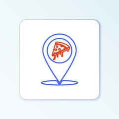 Line Map pointer with fast food slice pizza icon isolated on white background. Pizzeria location icon. Pizza cafe and restaurant marker. Colorful outline concept. Vector